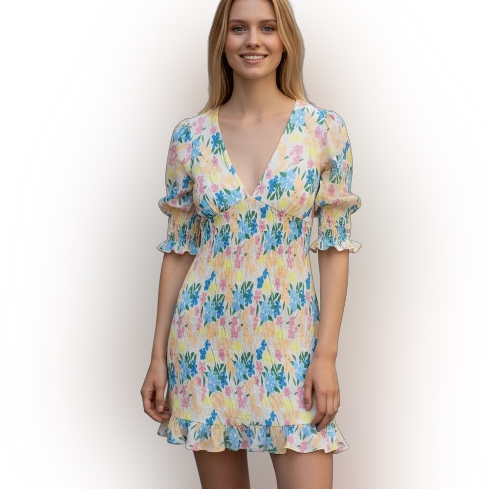 ASOS Design Women’s Ruched Puff Sleeves Pastel Floral‎ Mini Dress